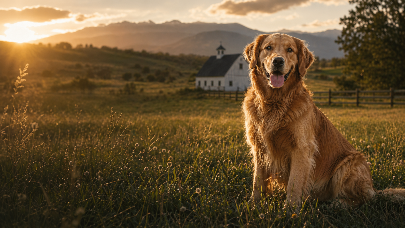 Golden retriever sitting in a warm Idaho ranch pasture at sunset
